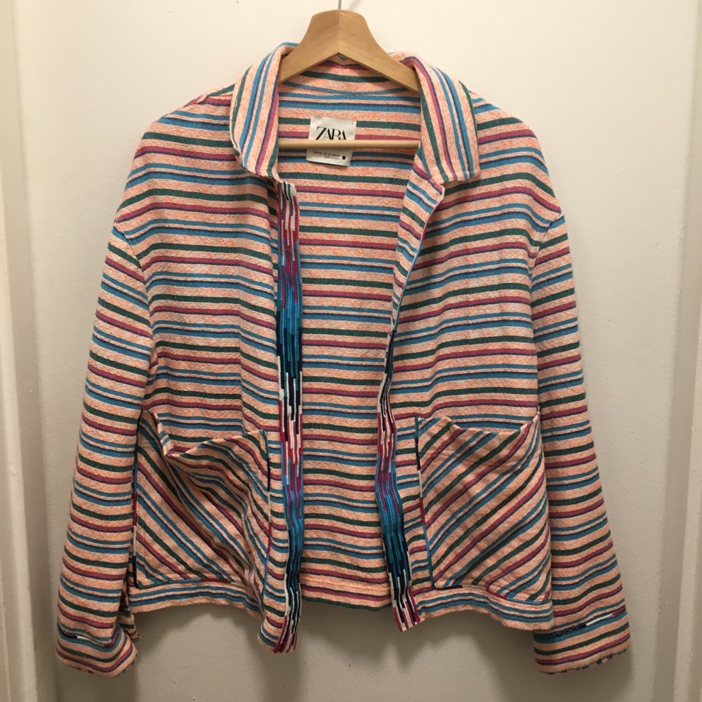 Zara blazer- XS woven multicolor stripe boho ethnic open front cardigan jacket